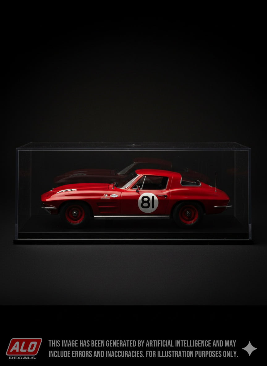1963 BRIDGEHAMPTON DOUBLE 500 #81 CHEVROLET CORVETTE JACK MOORE 1:43, 1:24 DECALS