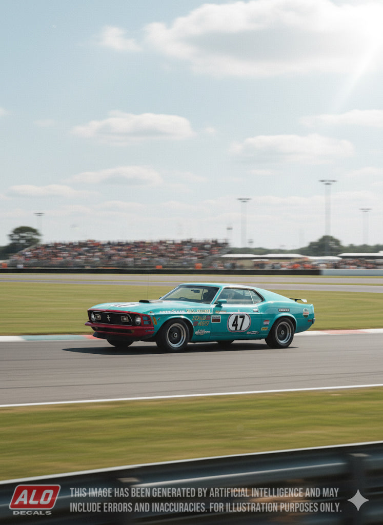 1973 AUTOMOTIVE PRODUCTS TOURING CAR TROPHY, SILVERSTONE #47 FORD MUSTANG BOSS DENNIS LEECH 1:43, 1:24 DECALS