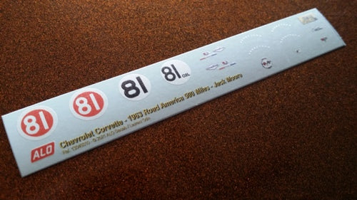 1963 ROAD AMERICA 500 MILES #81 CHEVROLET CORVETTE JACK MOORE 1:43, 1:24 DECALS