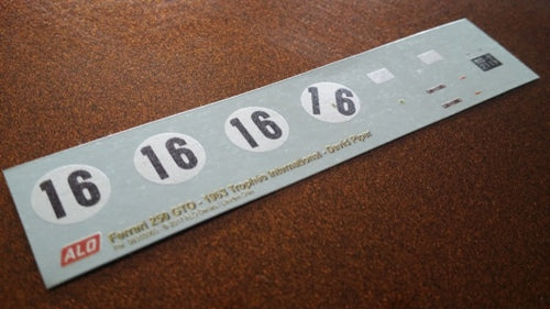 1963 TROPHEE INTERNATIONAL, REIMS #16 FERRARI 250 GTO DAVID PIPER 1:43, 1:18 DECALS