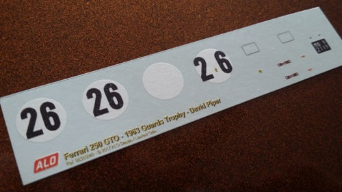1963 GUARDS TROPHY, BRANDS HATCH #26 FERRARI 250 GTO DAVID PIPER 1:43, 1:18 DECALS
