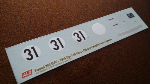 1965 SPA GP #31 FERRARI 250 GTO GERARD LANGLOIS VON OPHEM 1:43, 1:24, 1:18 DECALS
