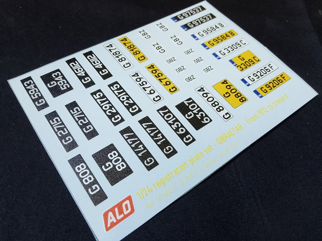 1912-PRESENT GIBRALTAR REGISTRATION PLATES 1:43, 1:24, 1:18 DECALS - FOR 14 CARS