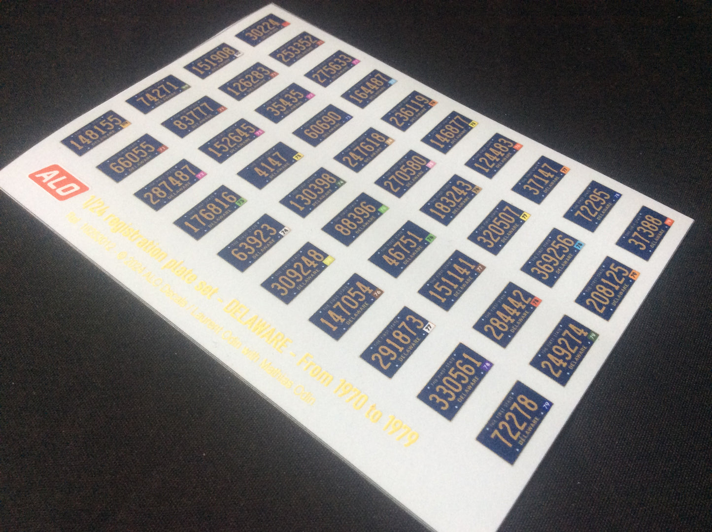 1970-1979 DELAWARE REGISTRATION PLATES 1:24 DECALS - FOR 20 CARS