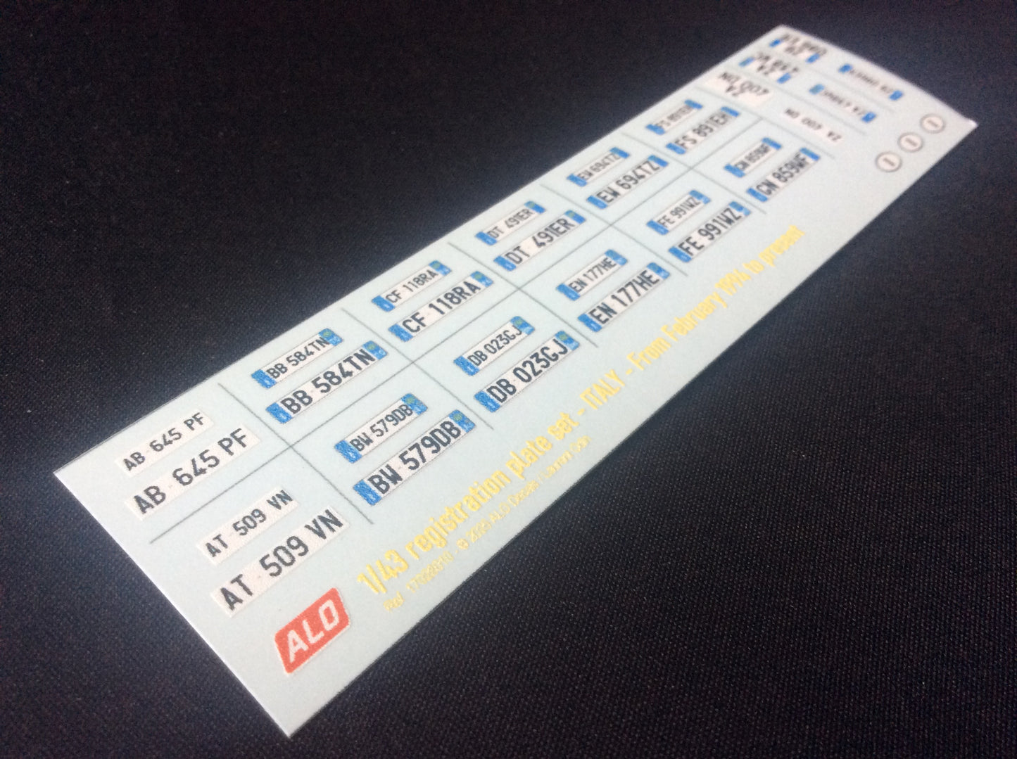 1994-PRESENT ITALIAN REGISTRATION PLATES 1:87, 1:43, 1:24, 1:18 DECALS - FOR 15 CARS