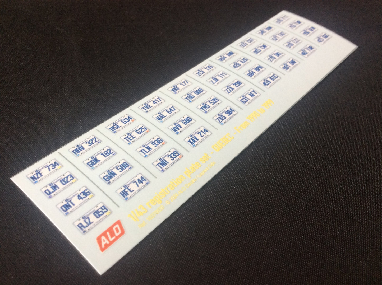 1990-1999 QUEBEC REGISTRATION PLATES 1:43 DECALS - FOR 40 CARS