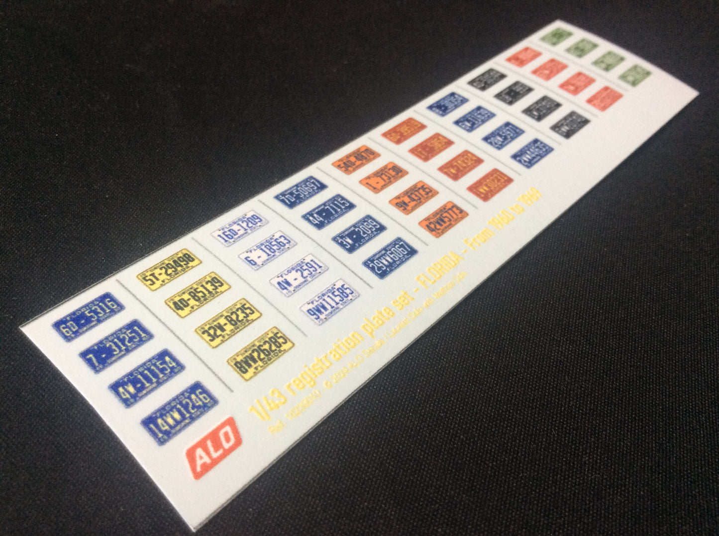 1960-1969 FLORIDA REGISTRATION PLATES 1:43, 1:24, 1:18 DECALS - FOR 40 CARS