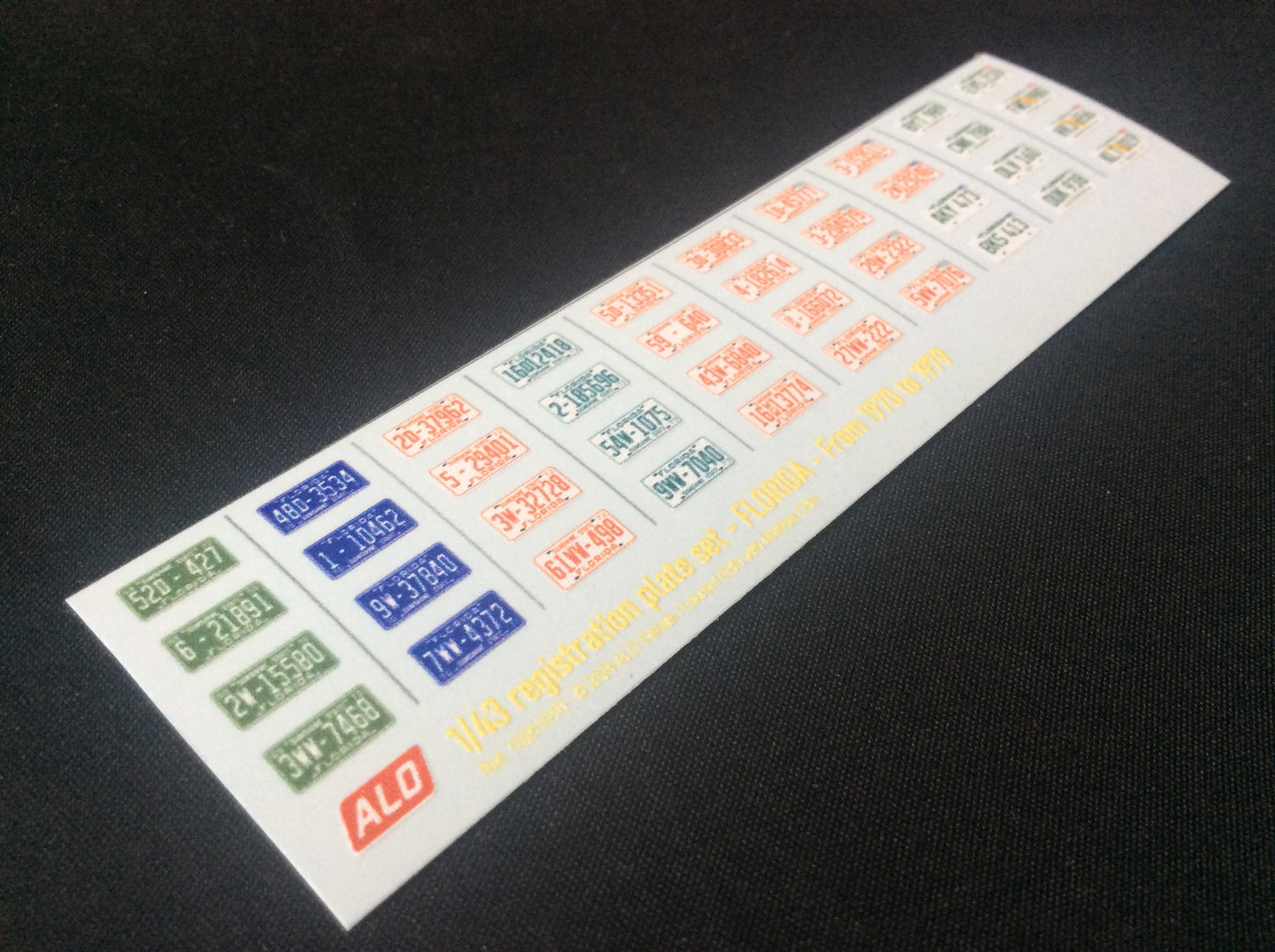 1970-1979 FLORIDA REGISTRATION PLATES 1:43 DECALS - FOR 40 CARS
