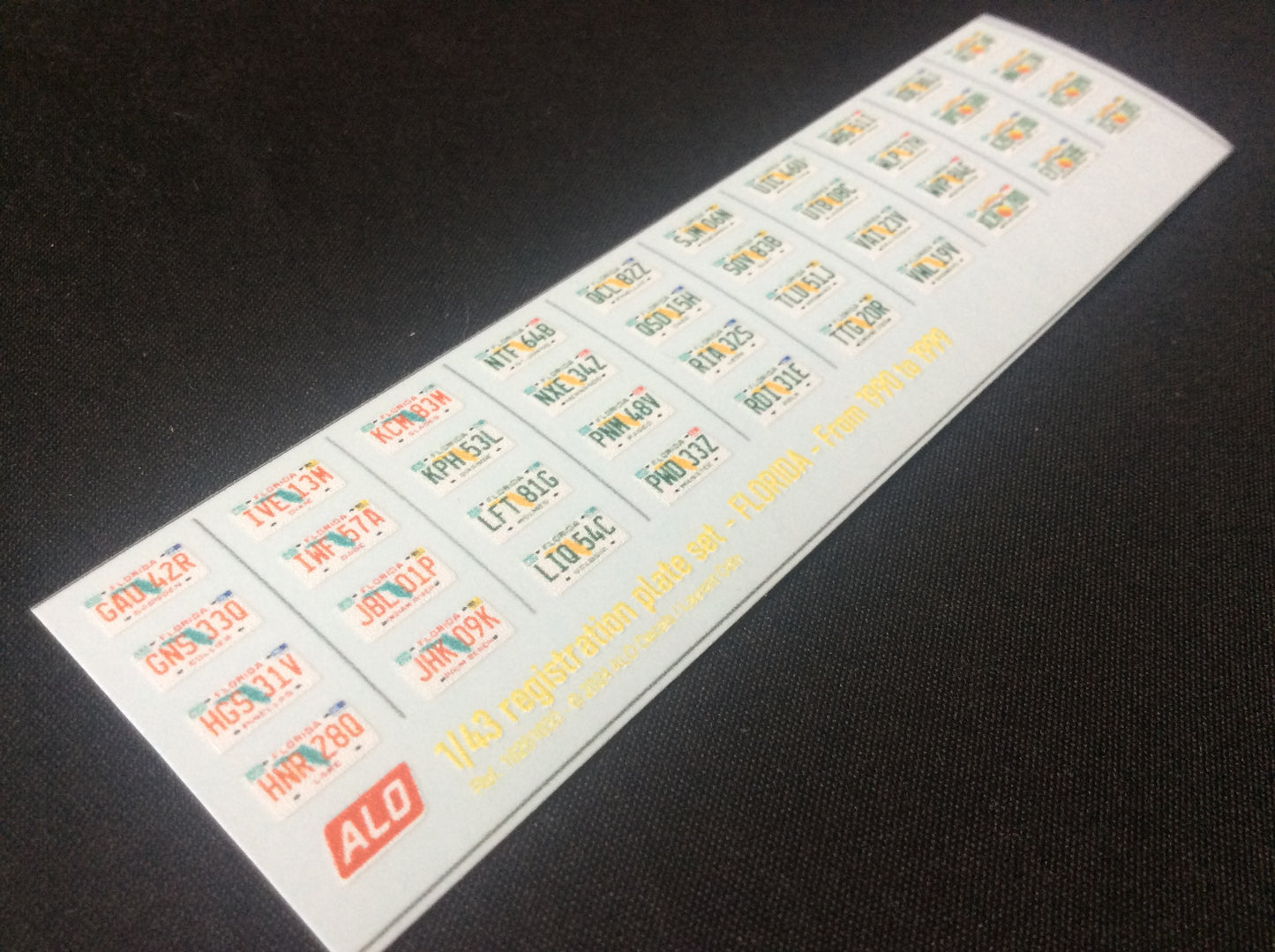 1990-1999 FLORIDA REGISTRATION PLATES 1:43, 1:24, 1:18 DECALS - FOR 40 CARS