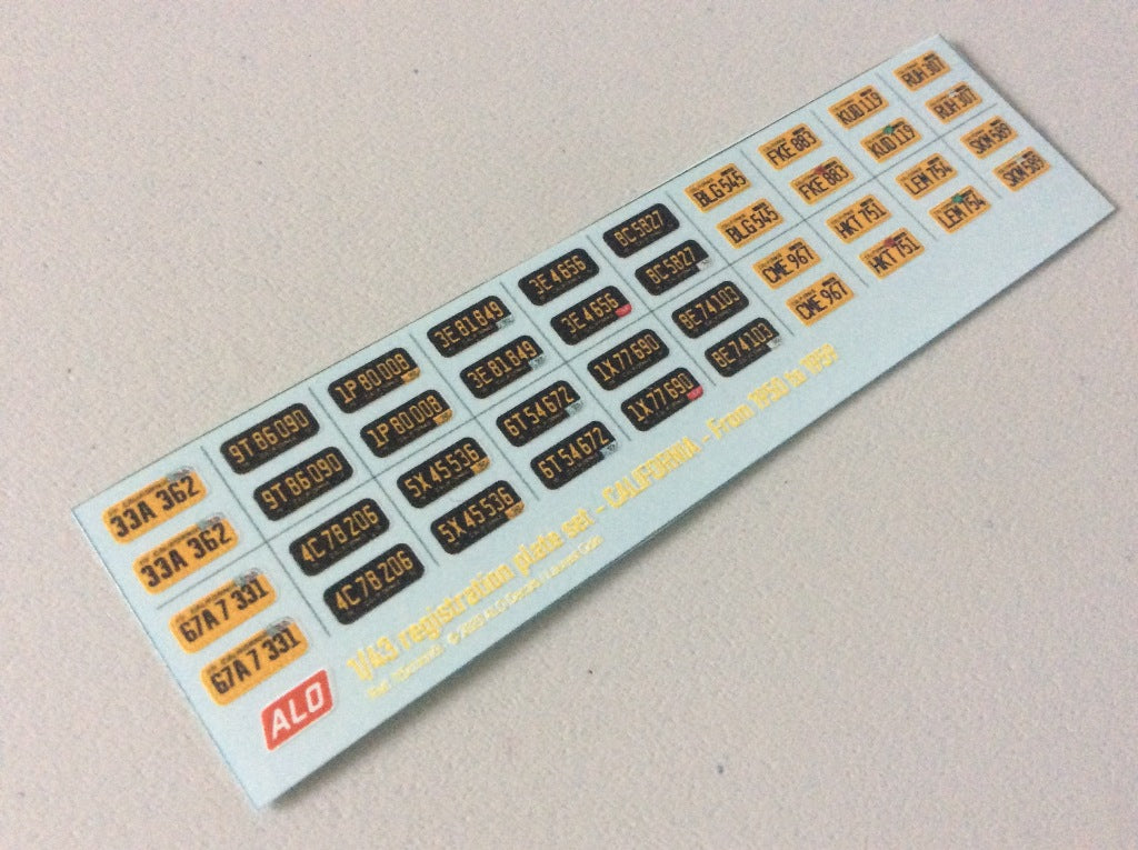 1950-1959 CALIFORNIA REGISTRATION PLATES 1:43, 1:24, 1:18 DECALS - FOR 20 CARS