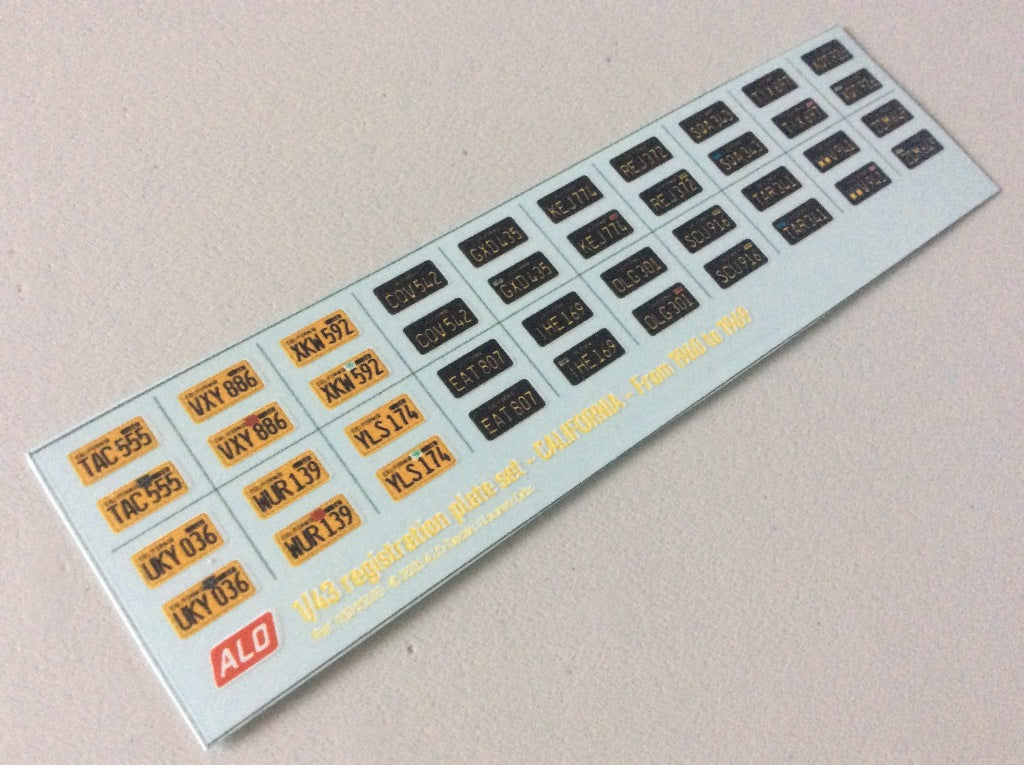 1960-1969 CALIFORNIA REGISTRATION PLATES 1:43, 1:24, 1:18 DECALS - FOR 20 CARS
