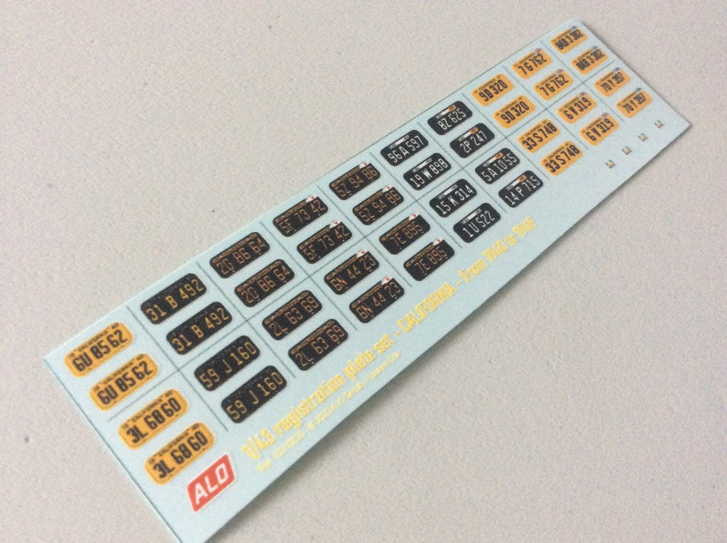 1940-1949 CALIFORNIA REGISTRATION PLATES 1:43, 1:24, 1:18 DECALS - FOR 24 CARS