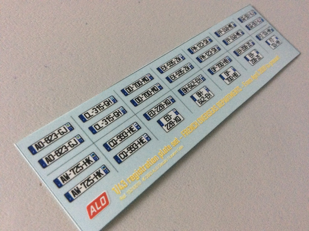 2009-PRESENT FRENCH OVERSEAS DEPARTMENTS REGISTRATION PLATES 1:43, 1:24, 1:18 DECALS - FOR 14 CARS
