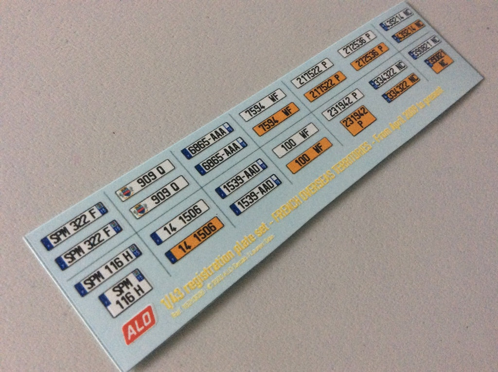 2009-PRESENT FRENCH OVERSEAS TERRITORIES REGISTRATION PLATES 1:43, 1:18 DECALS - FOR 14 CARS