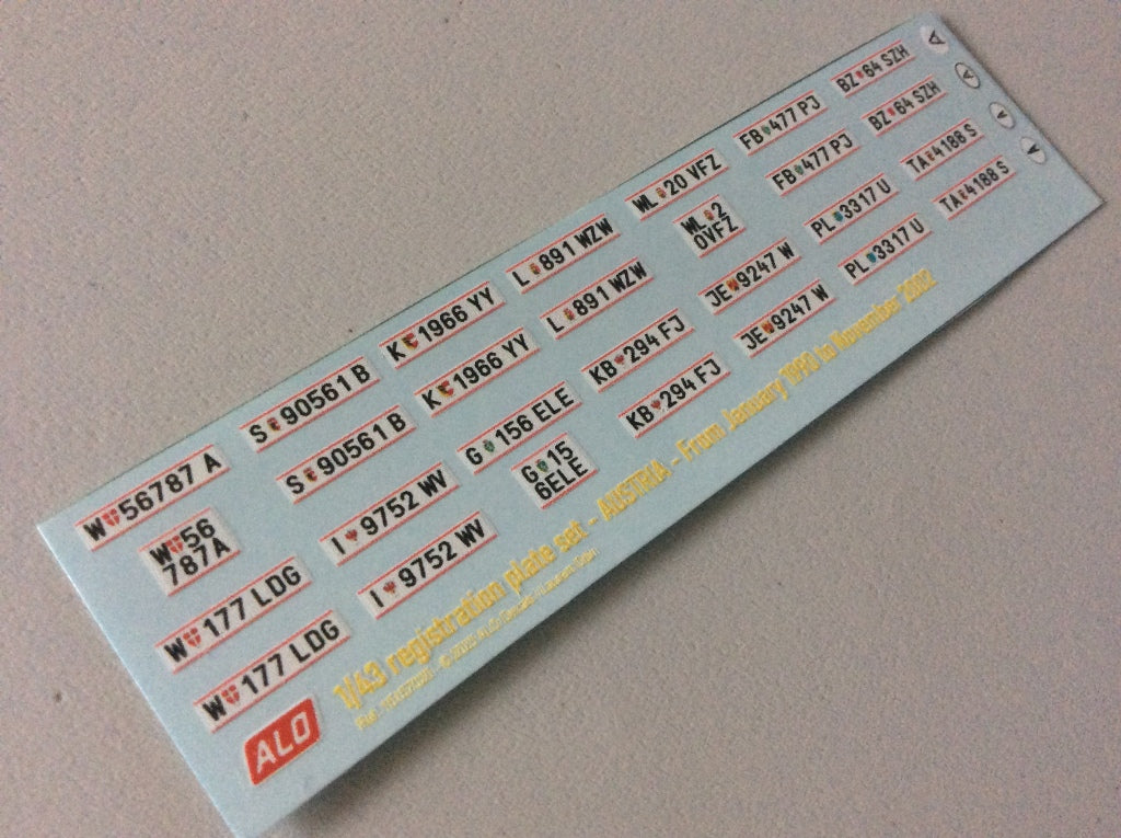 1990-2002 AUSTRIAN REGISTRATION PLATES 1:43, 1:18 DECALS - FOR 14 CARS