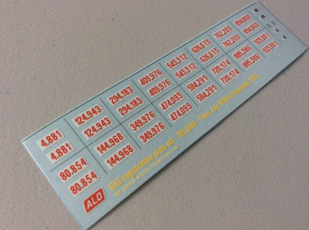 1928-1953 BELGIAN REGISTRATION PLATES 1:43, 1:18 DECALS - FOR 16 CARS