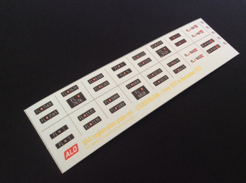 1957-1972 LIECHTENSTEIN REGISTRATION PLATES 1:43, 1:18 DECALS - FOR 16 CARS