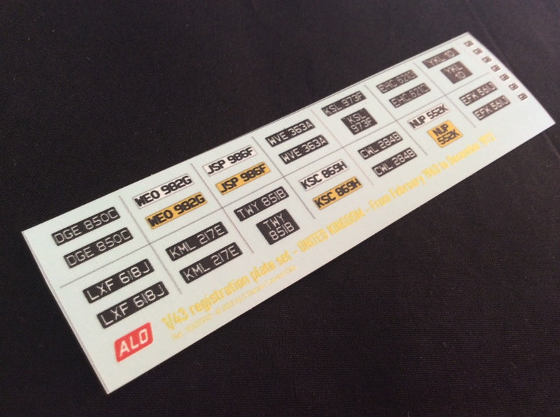 1963-1972 BRITISH REGISTRATION PLATES 1:87, 1:43, 1:18 DECALS - FOR 14 CARS