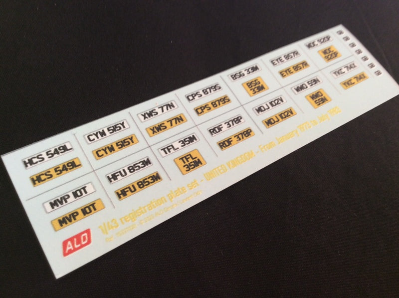 1973-1983 BRITISH REGISTRATION PLATES 1:87, 1:43, 1:18 DECALS - FOR 14 CARS