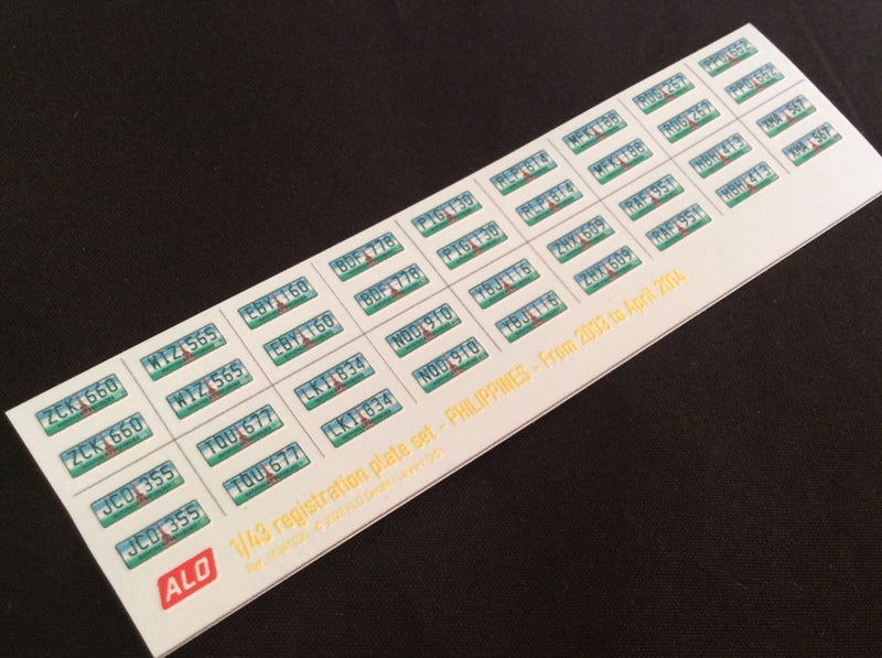 2003-2014 PHILIPPINE REGISTRATION PLATES 1:43, 1:18 DECALS - FOR 18 CARS