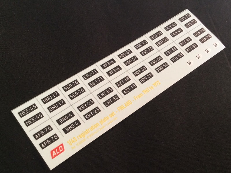 1961-1972 FINNISH REGISTRATION PLATES 1:43, 1:18 DECALS - FOR 20 CARS