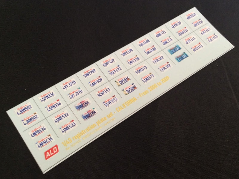 2000-2009 CALIFORNIA REGISTRATION PLATES 1:43, 1:18 DECALS - FOR 20 CARS