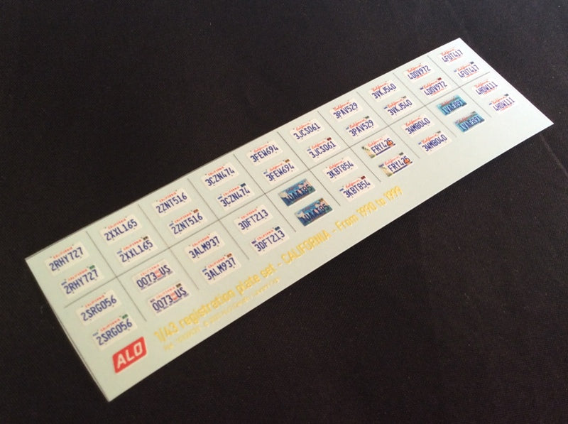 1990-1999 CALIFORNIA REGISTRATION PLATES 1:43, 1:18 DECALS - FOR 20 CARS