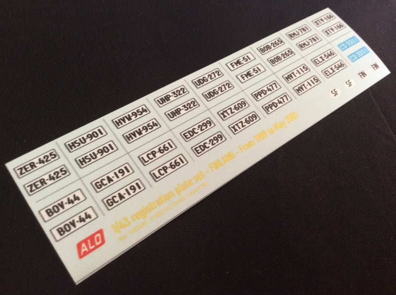 1989-2001 FINNISH REGISTRATION PLATES 1:43, 1:18 DECALS - FOR 18 CARS