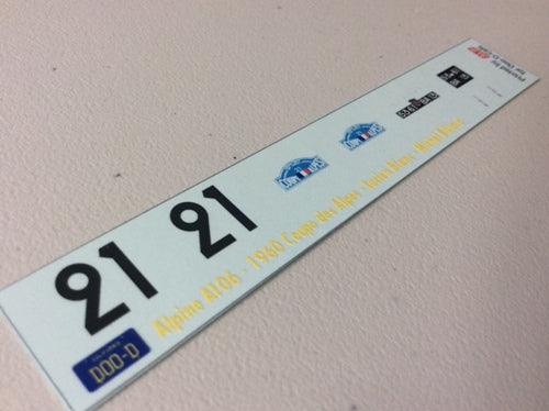 1960 COUPE DES ALPES #21 ALPINE A106 LUCIEN BLANC/MICHEL BILLARD 1:43, 1:32 DECALS