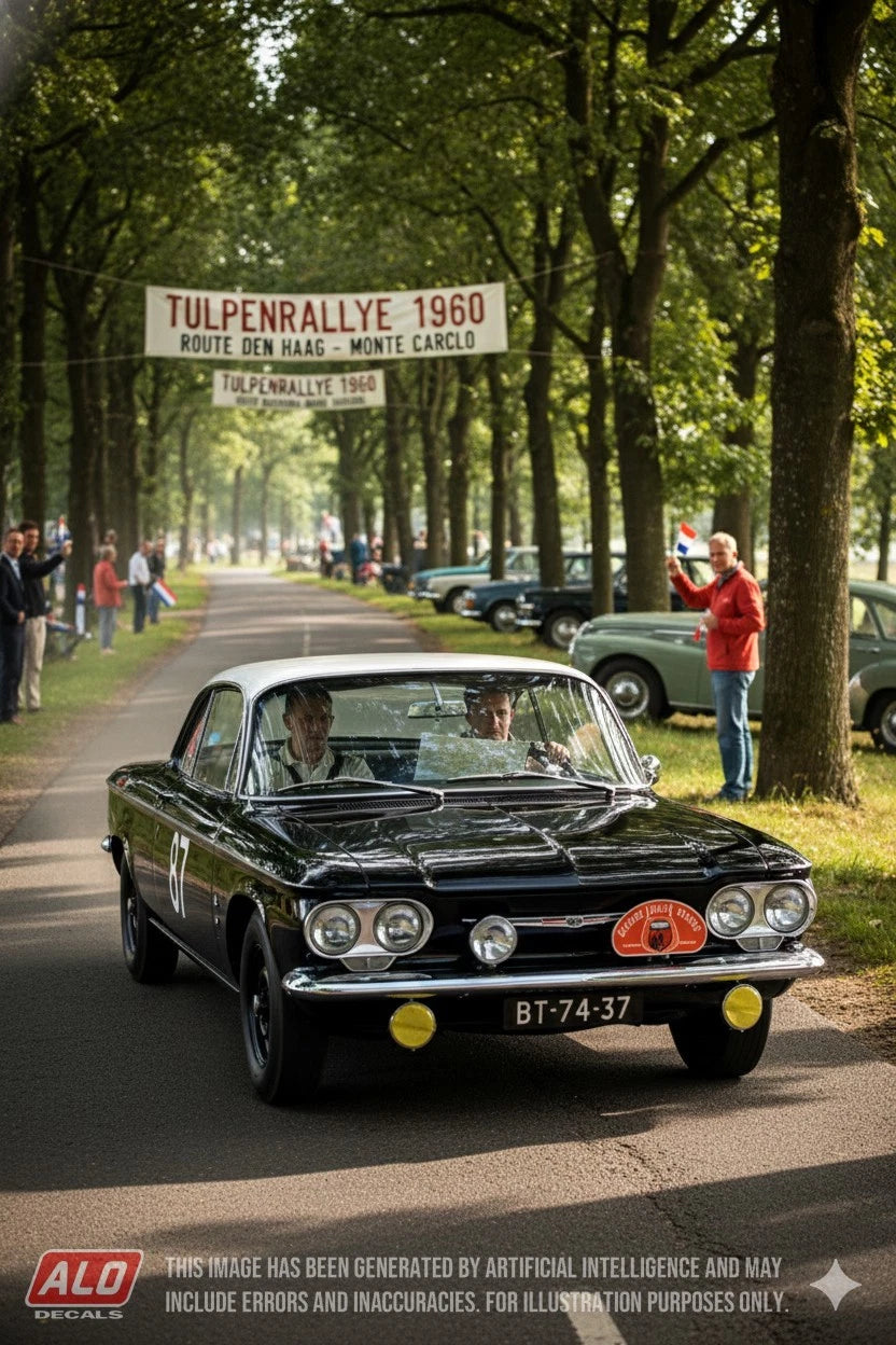 1960 TULPENRALLYE #87 CHEVROLET CORVAIR COUPE PETRUS "PIET" JETTEN/LOUIS VAN NOORDWIJK 1:43, 1:24, 1:18 DECALS