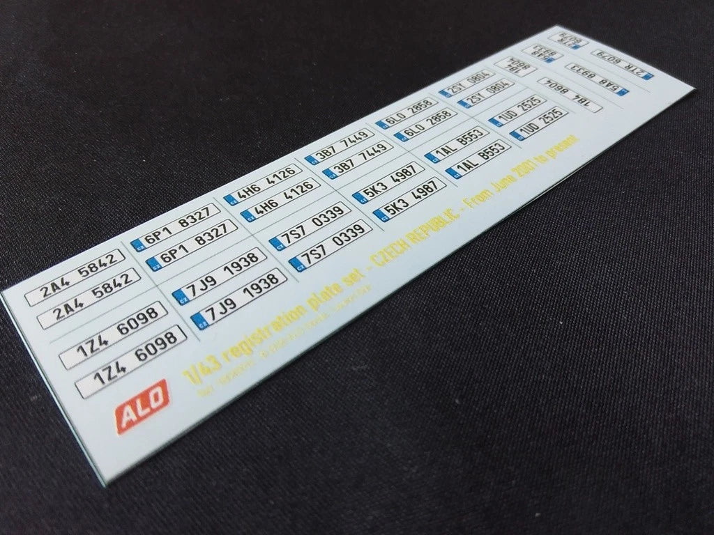 2001-PRESENT CZECH REGISTRATION PLATES 1:87, 1:43 DECALS - FOR 15 CARS