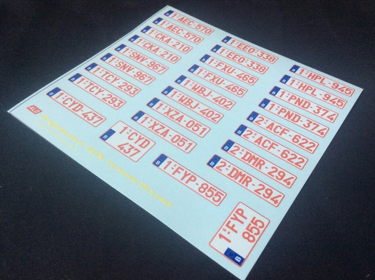 2010-PRESENT BELGIAN REGISTRATION PLATES 1:43, 1:18 DECALS - FOR 14 CARS