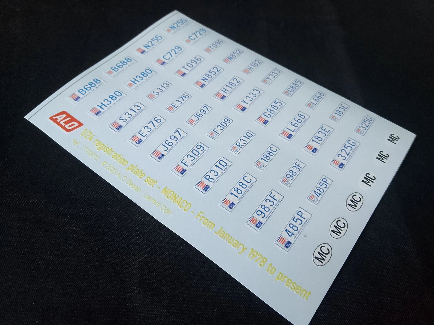 1978-PRESENT MONACO REGISTRATION PLATES 1:43, 1:24, 1:18 DECALS - FOR 20 CARS