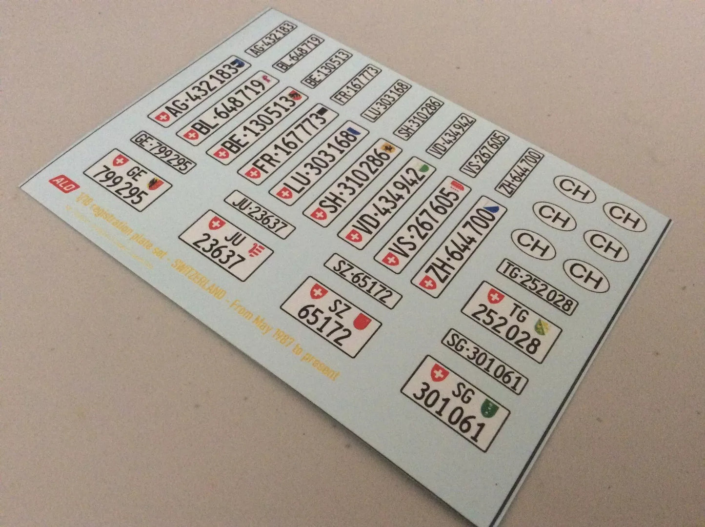 1987-PRESENT SWISS REGISTRATION PLATES 1:87, 1:43, 1:24, 1:18 DECALS - FOR 14 CARS