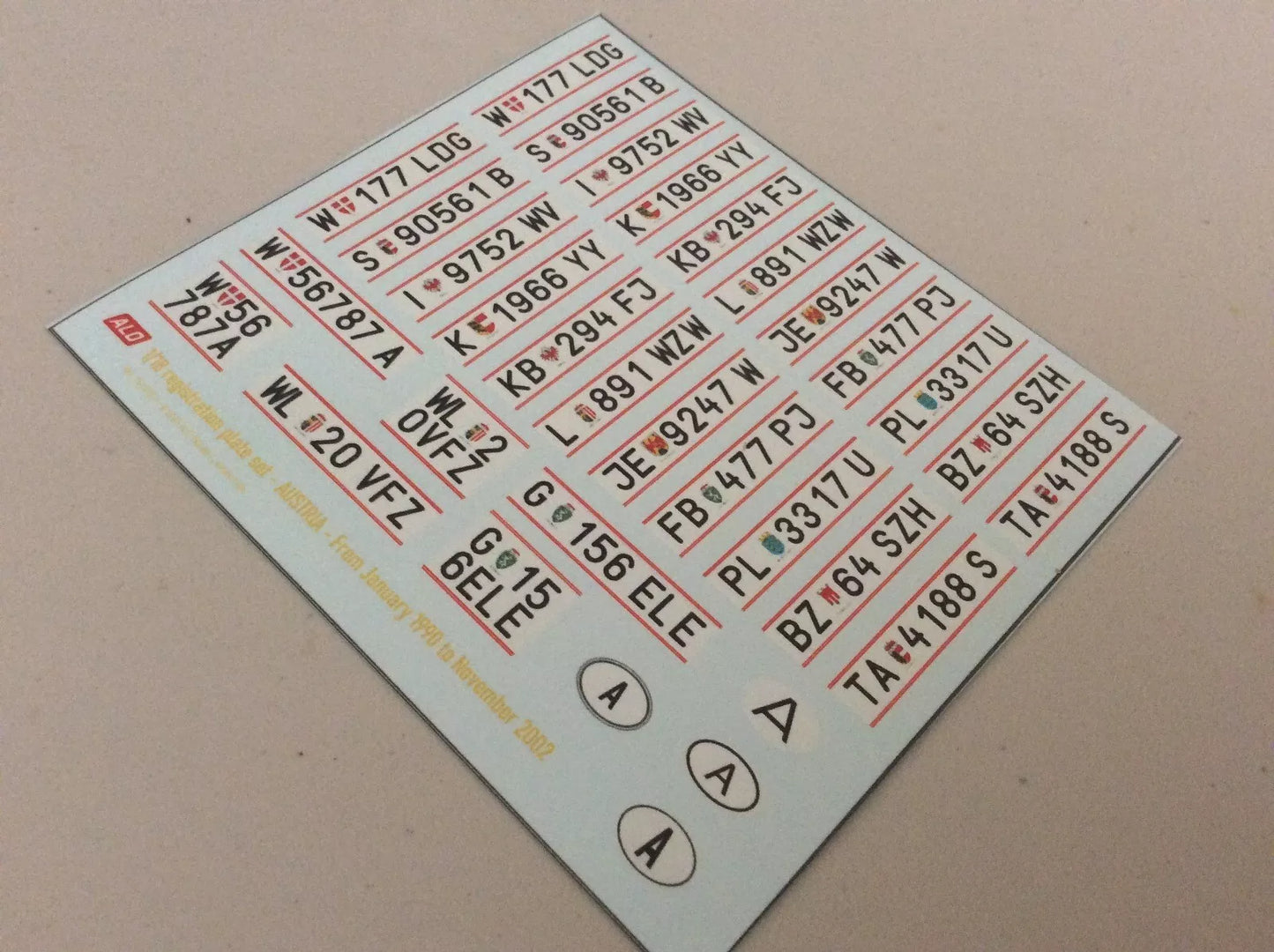1990-2002 AUSTRIAN REGISTRATION PLATES 1:43, 1:18 DECALS - FOR 14 CARS