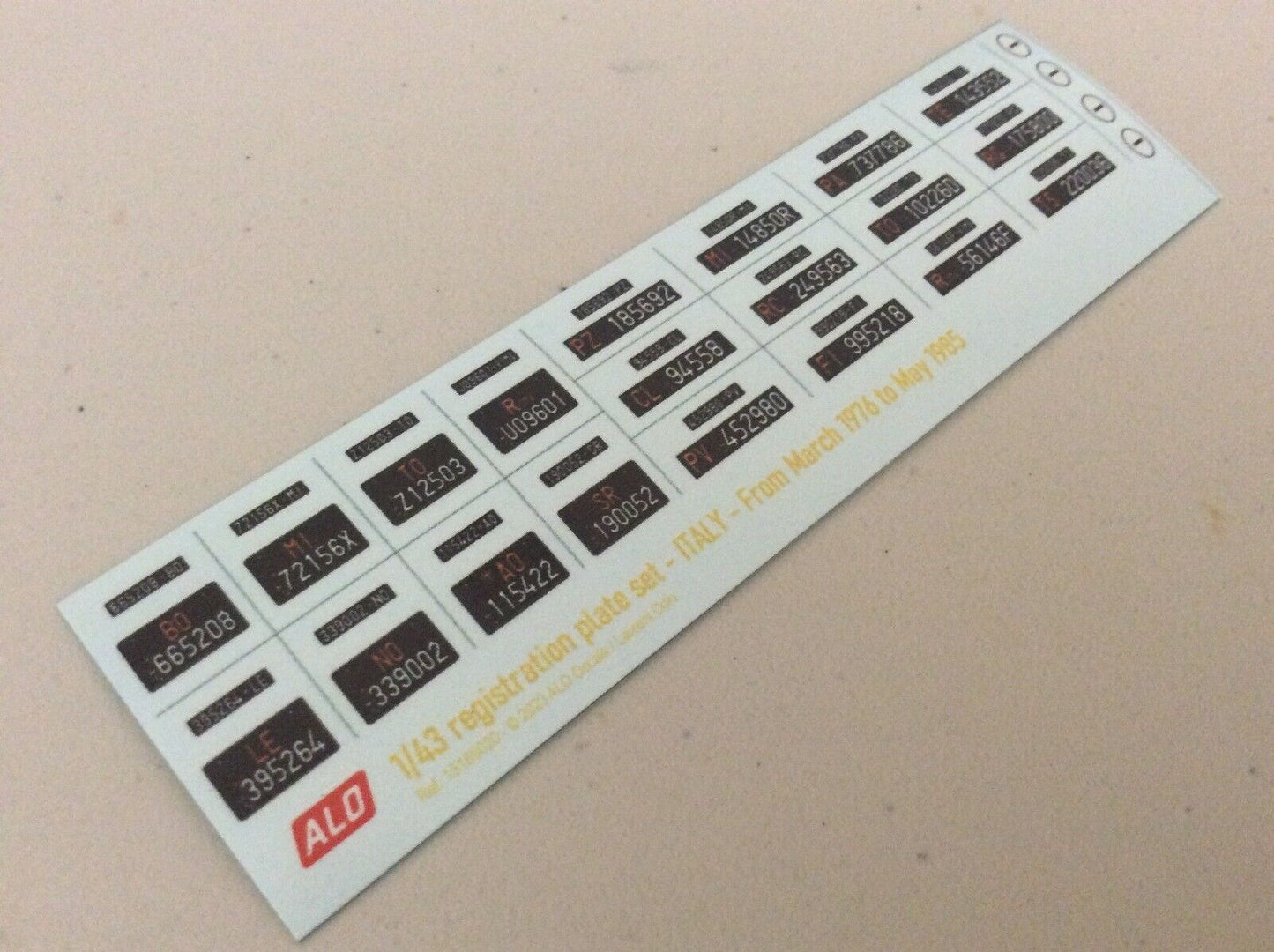 1976-1985 ITALIAN REGISTRATION PLATES 1:87, 1:43, 1:24, 1:18 DECALS - FOR 20 CARS