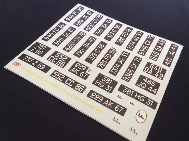 1950-1963 FRENCH REGISTRATION PLATES 1:87, 1:43, 1:24, 1:18 DECALS - FOR 14 CARS