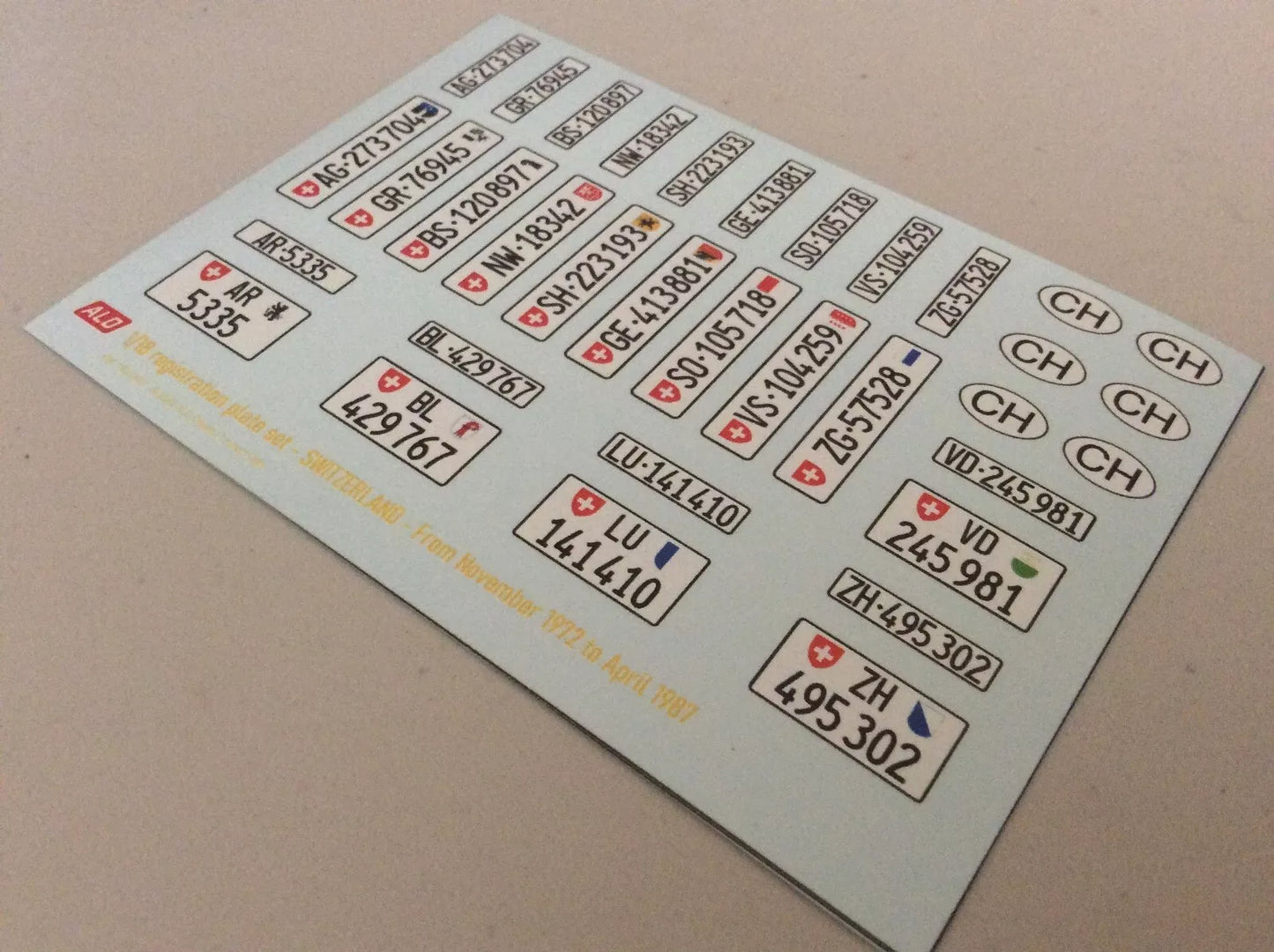 1972-1987 SWISS REGISTRATION PLATES 1:87, 1:43, 1:24, 1:18 DECALS - FOR 14 CARS