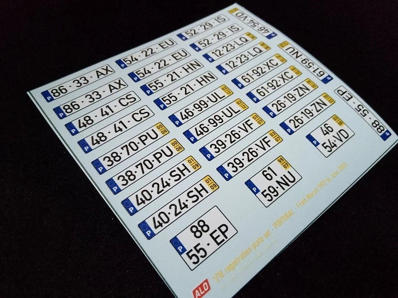 1992-2005 PORTUGUESE REGISTRATION PLATES 1:43, 1:18 DECALS - FOR 15 CARS