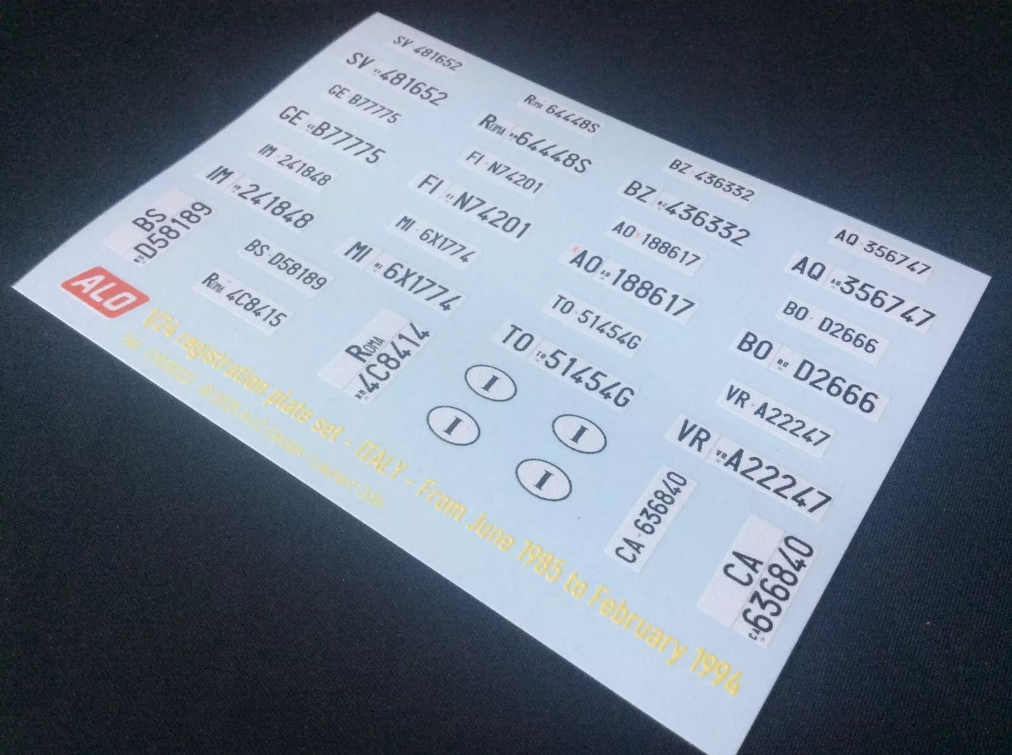 1985-1994 ITALIAN REGISTRATION PLATES 1:24 DECALS - FOR 15 CARS