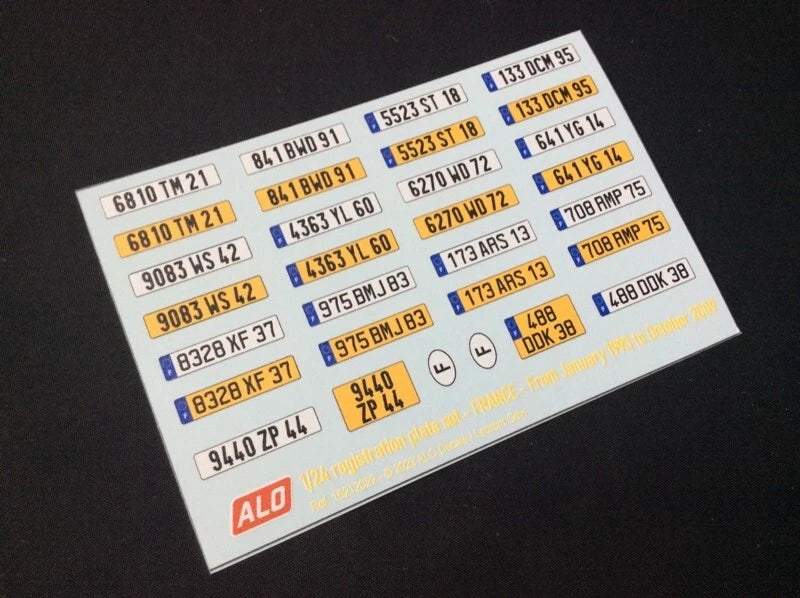 1993-2009 FRENCH REGISTRATION PLATES 1:87, 1:43, 1:24, 1:18 DECALS - FOR 14 CARS