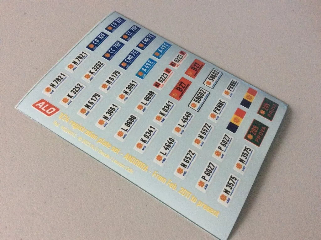 2011-PRESENT ANDORRA REGISTRATION PLATES 1:43 DECALS - FOR 20 CARS