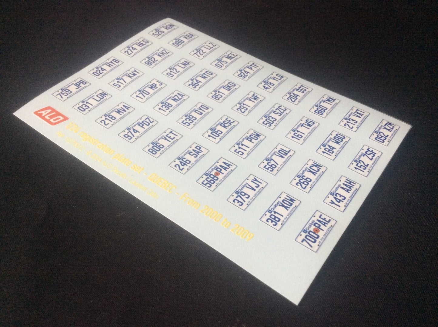 2000-2009 QUEBEC REGISTRATION PLATES 1:24 DECALS - FOR 40 CARS