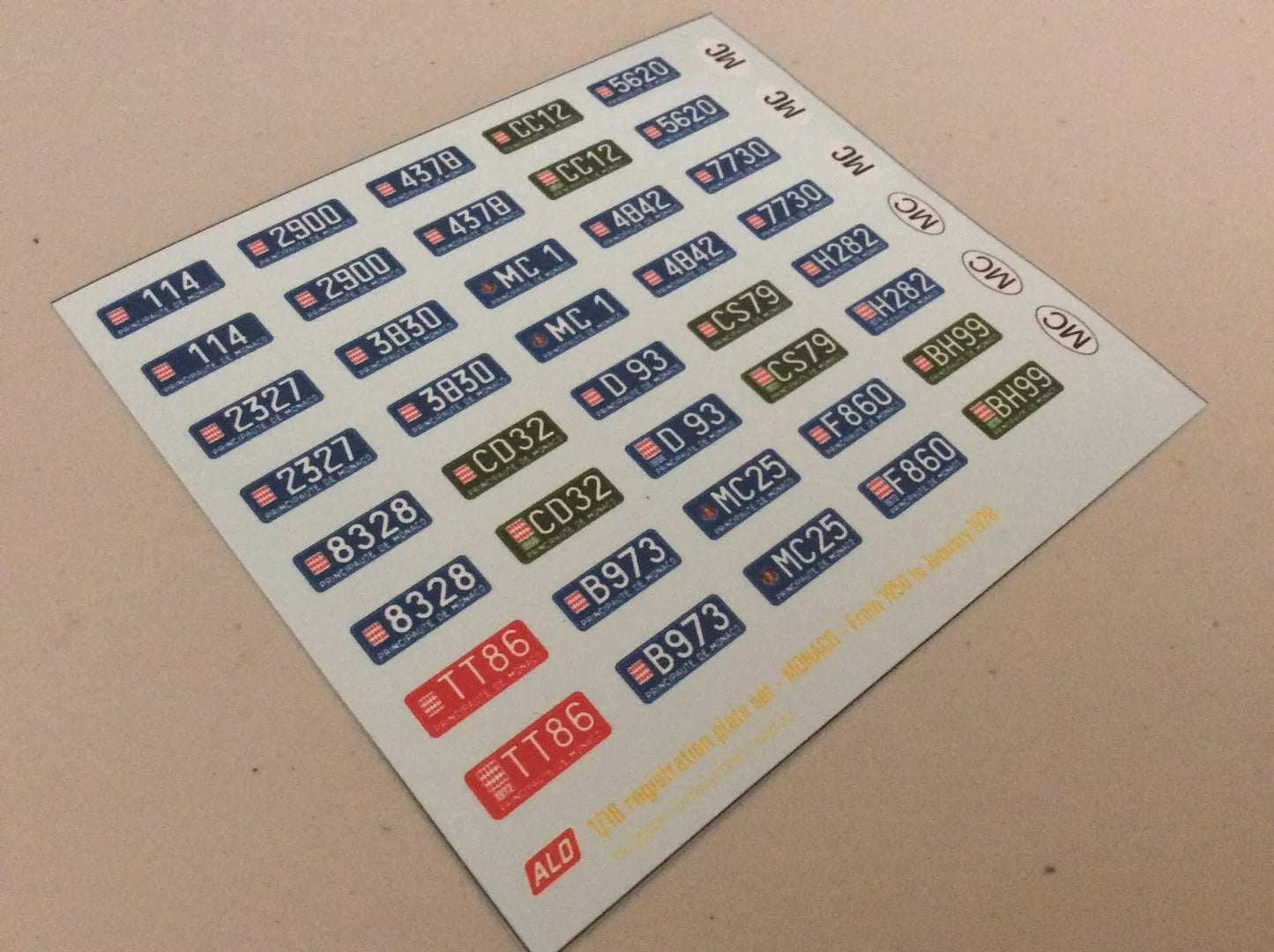 1950-1978 MONACO REGISTRATION PLATES 1:43, 1:18 DECALS - FOR 20 CARS