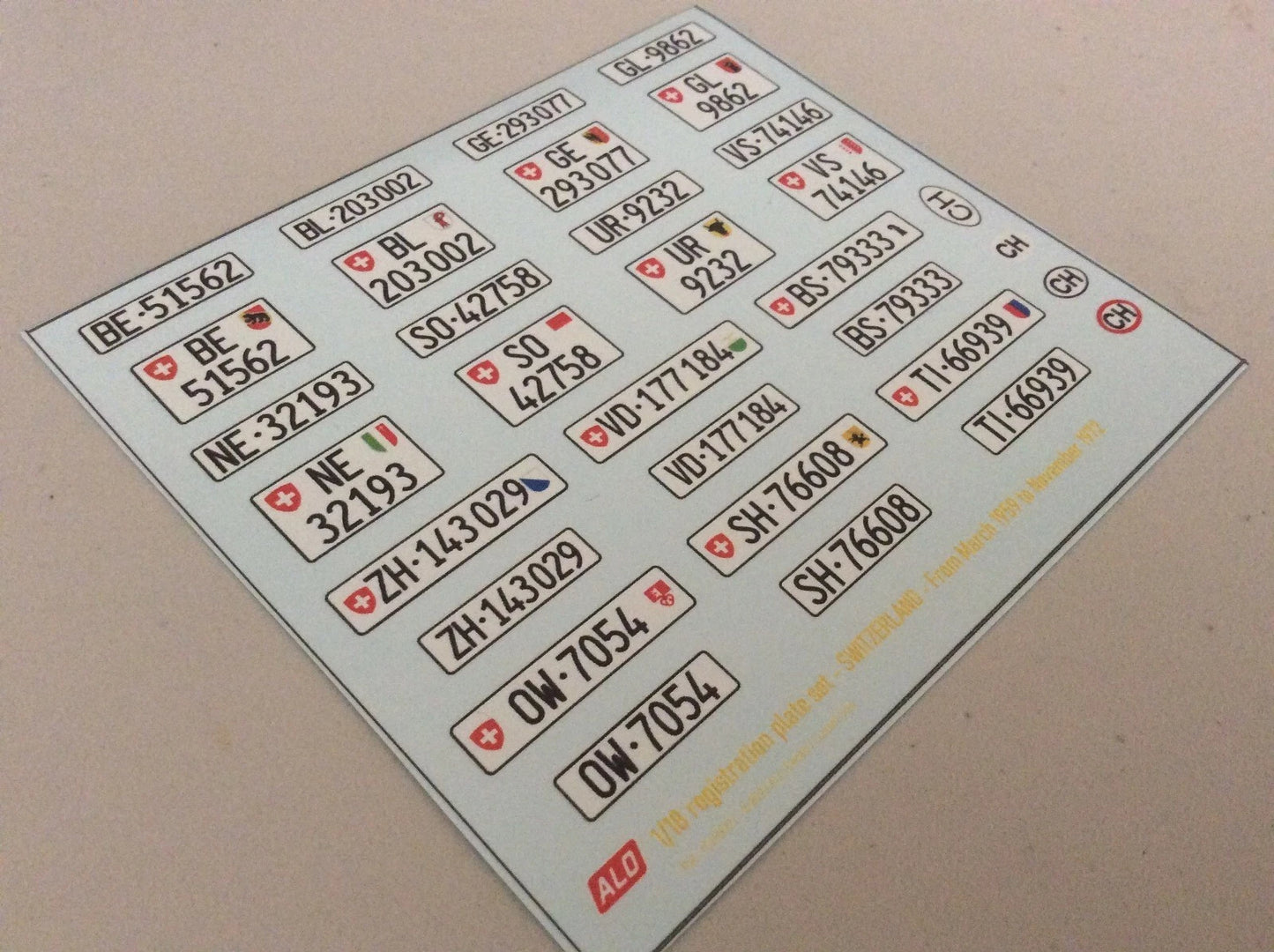 1959-1972 SWISS REGISTRATION PLATES 1:87, 1:43, 1:24, 1:18 DECALS - FOR 14 CARS