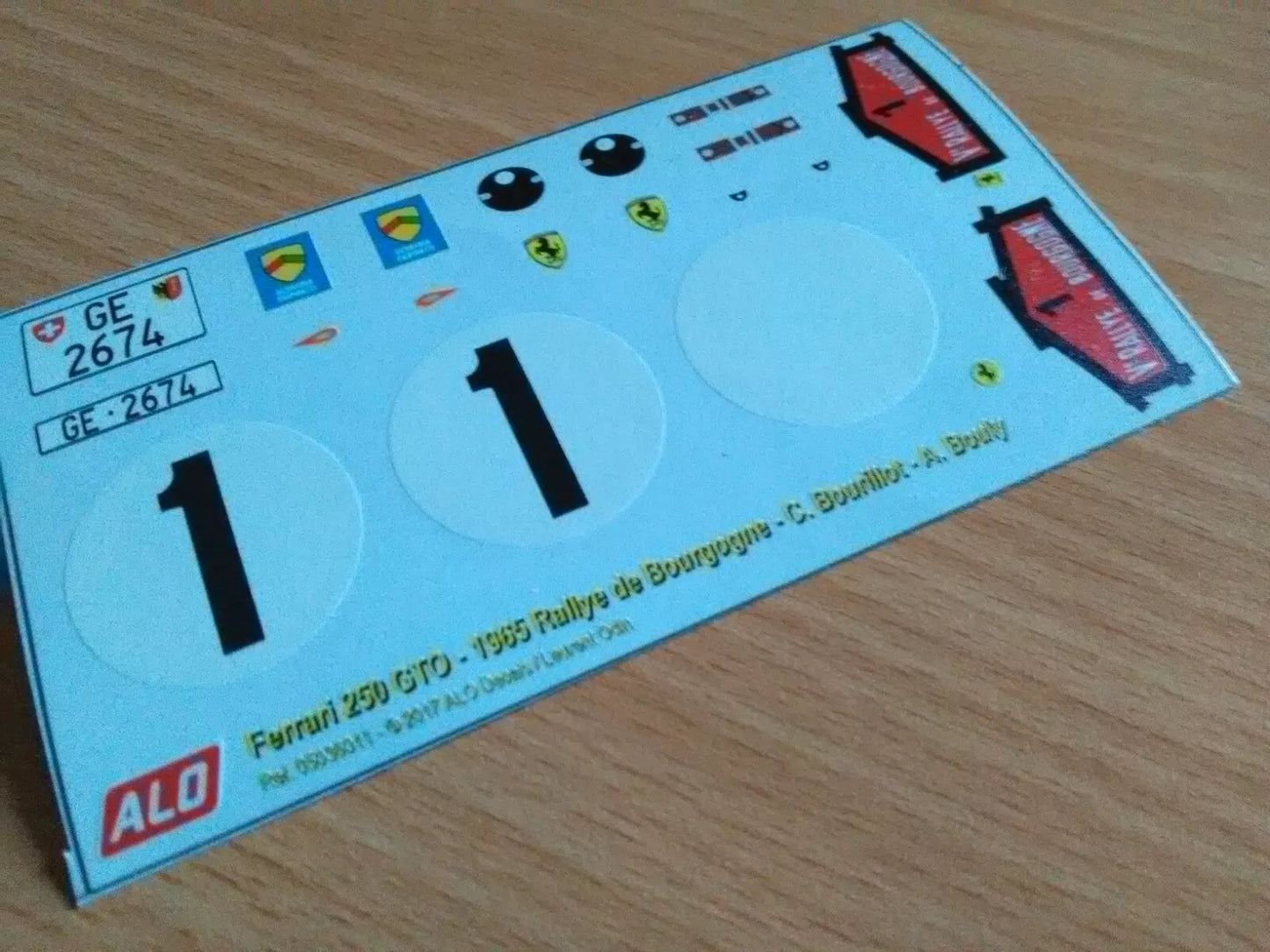 1965 BOURGOGNE RALLY #1 FERRARI 250 GTO CLAUDE BOURILLOT/ANDRE BOULY 1:43, 1:24, 1:18 DECALS