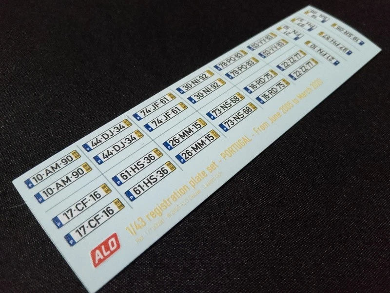 2005-2020 PORTUGUESE REGISTRATION PLATES 1:43 DECALS - FOR 15 CARS