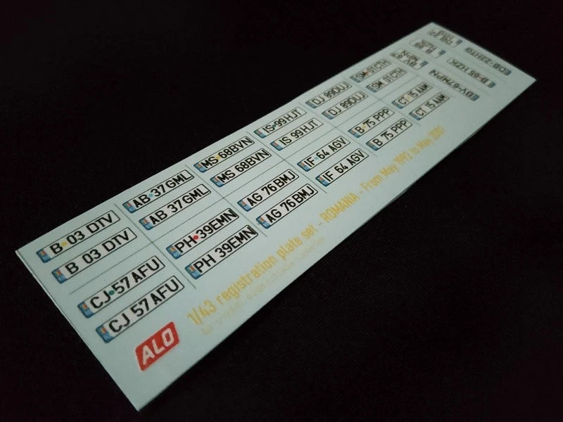 1992-2007 ROMANIAN REGISTRATION PLATES 1:43 DECALS - FOR 15 CARS