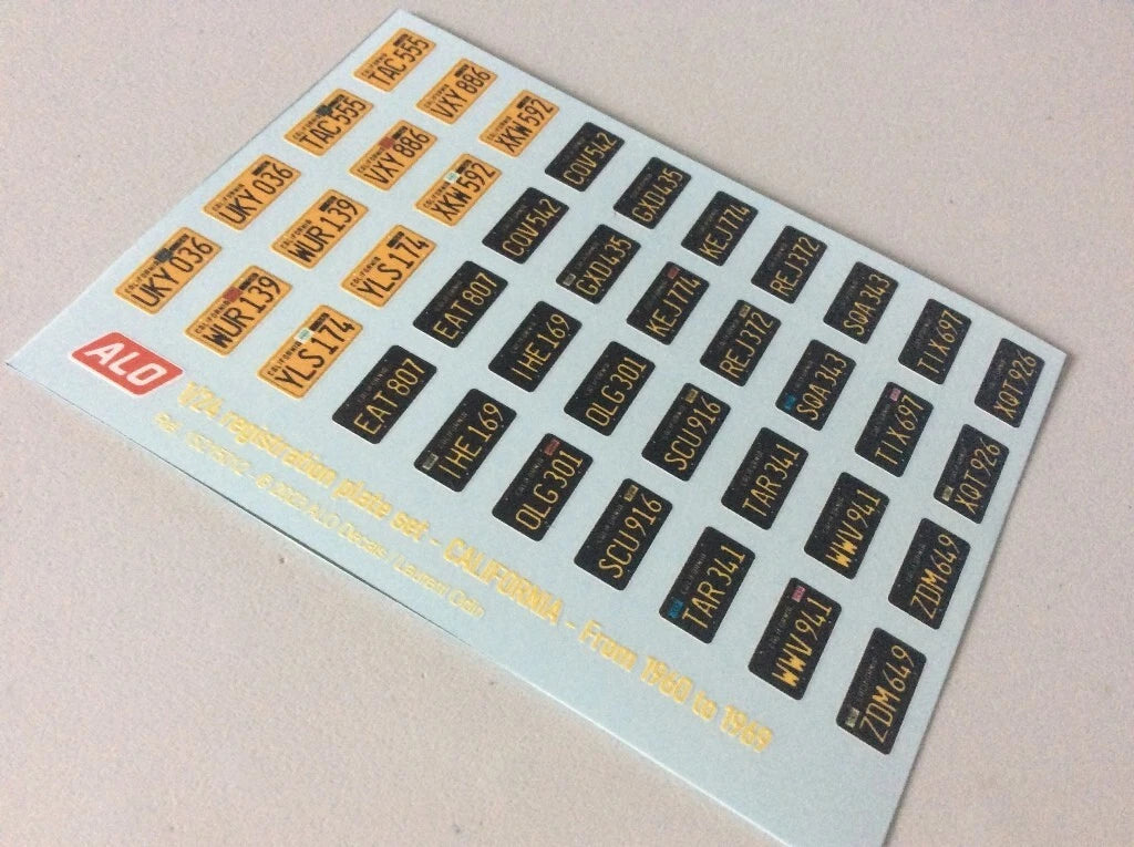 1960-1969 CALIFORNIA REGISTRATION PLATES 1:43, 1:24, 1:18 DECALS - FOR 20 CARS