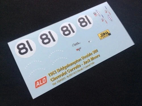 1963 BRIDGEHAMPTON DOUBLE 500 #81 CHEVROLET CORVETTE JACK MOORE 1:43, 1:24 DECALS